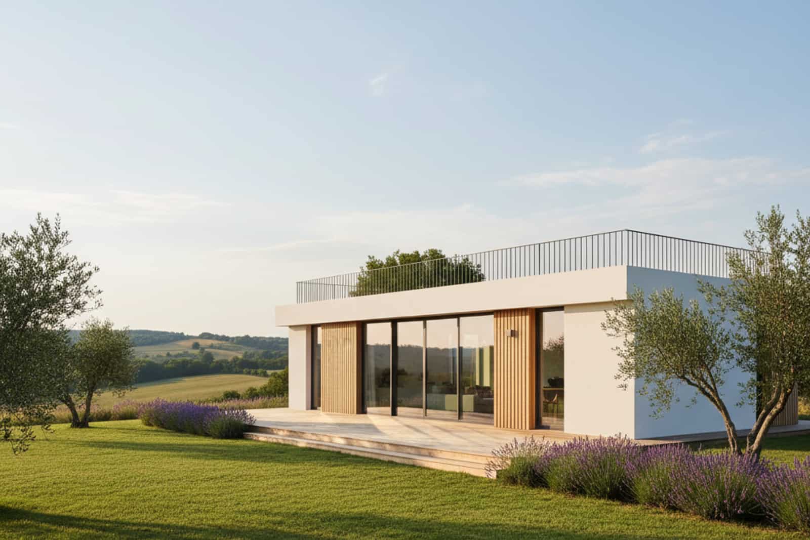 Maison moderne plain-pied à ossature métallique avec toit terrasse et grandes baies vitrées, modèle MINI 1 MODERN dans la campagne française